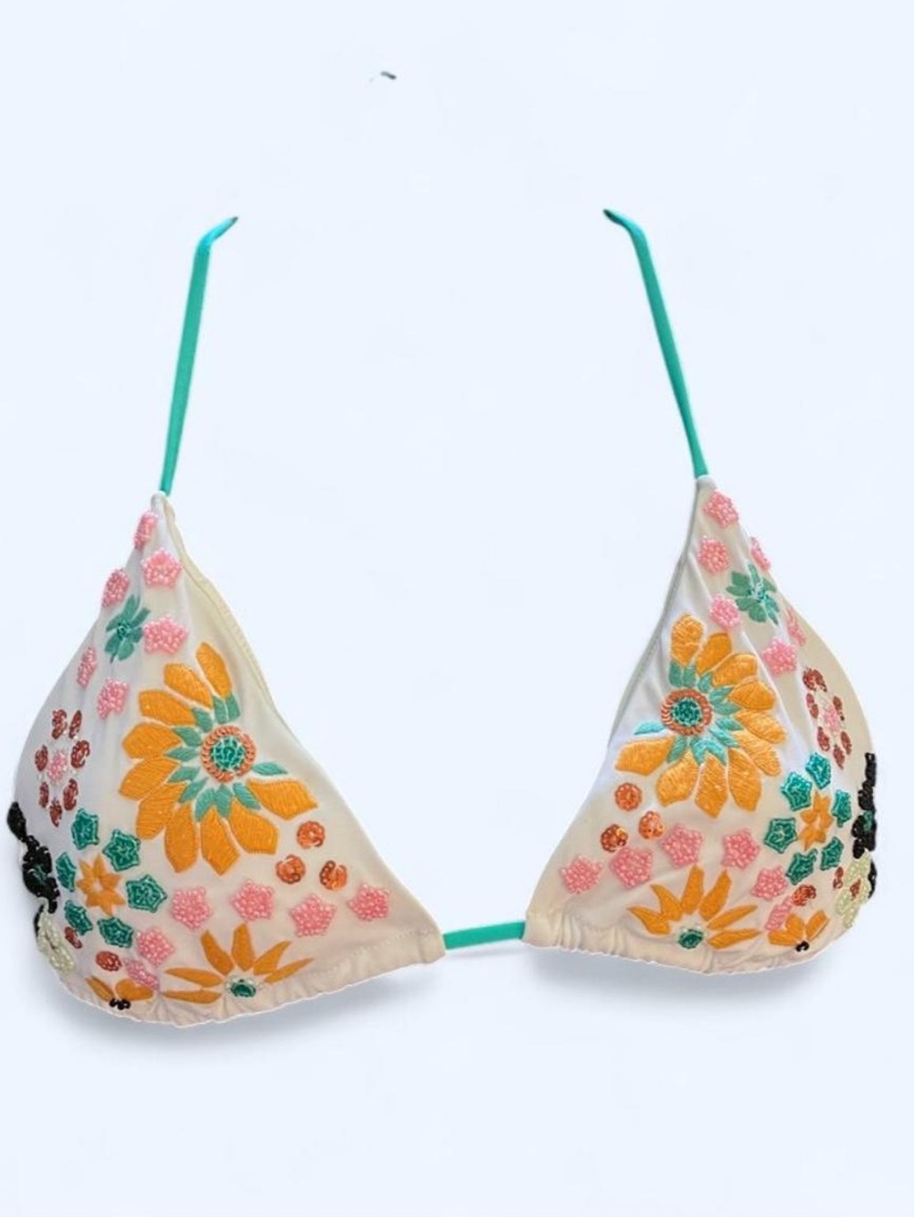 Embroidered Floral Triangle Bikini Top - Cream with Yellow & Teal
